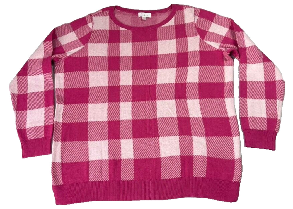 Belle Kim Gravel Sweater Womens XL Pink Jacquard Plaid Split Hem Pullover Knit